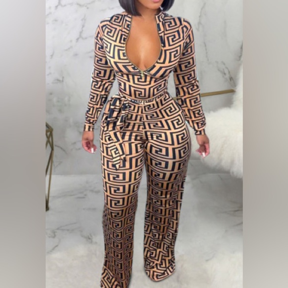 Sexy Print Bandage Patchwork Zipper Collar Plus Size Jumpsuit
